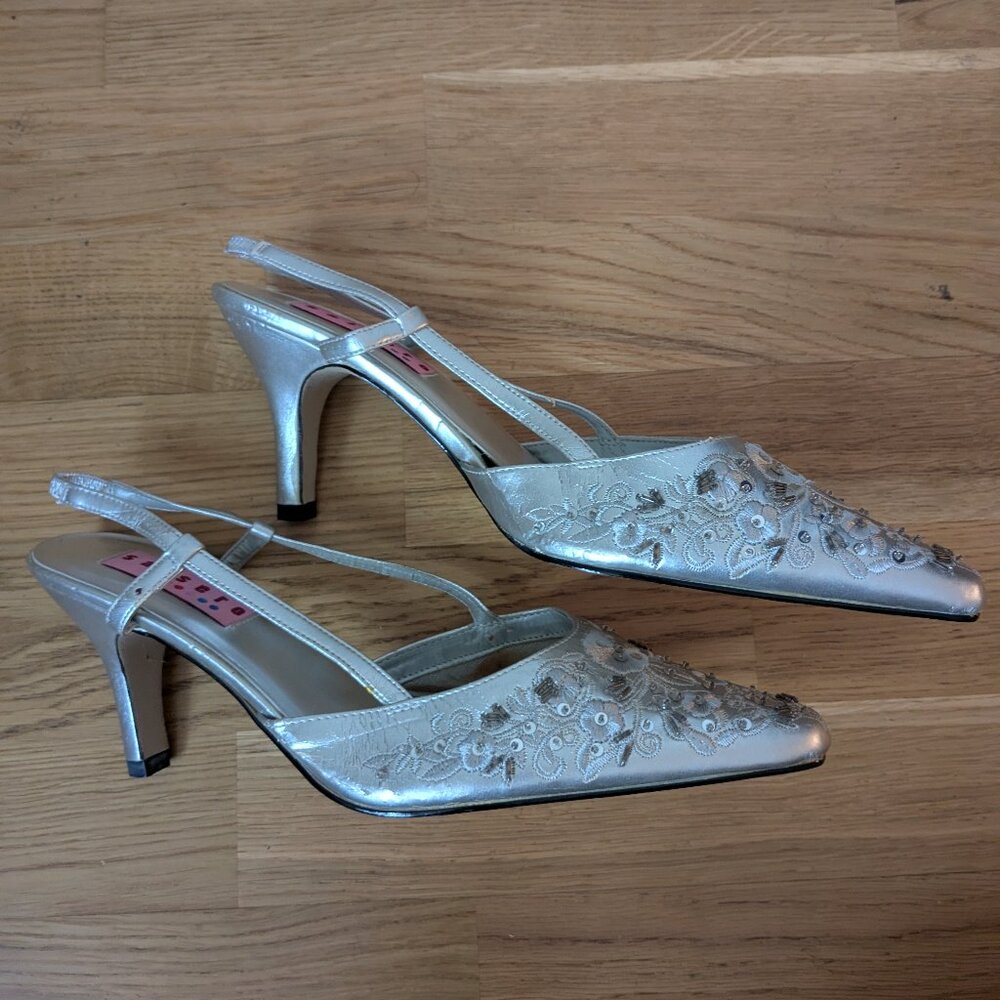 Silver Bedazzled Pointed Toe Kitten Heels